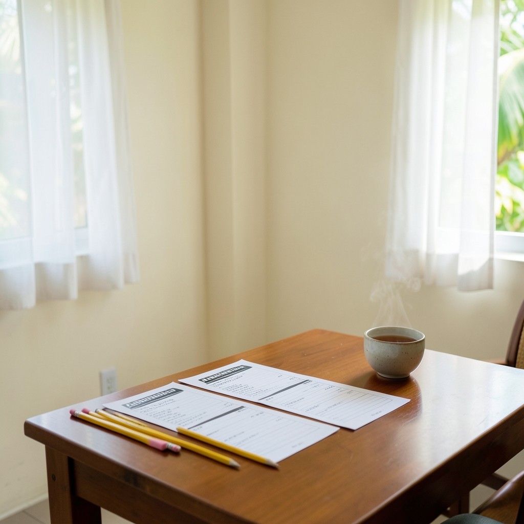 Quiet consulting room in Trat with printed channel scorecards on a wooden table