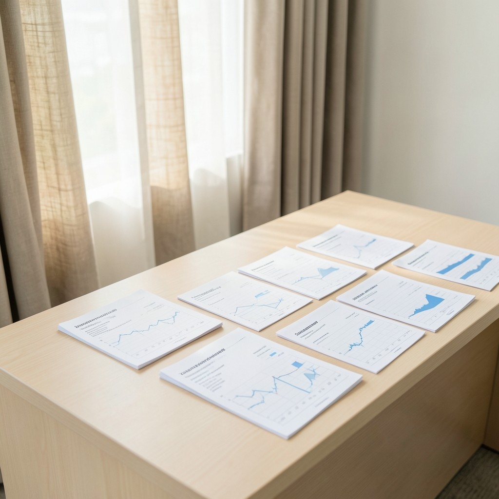 Analyst reviewing partner channel charts on a wide desk near a bright window