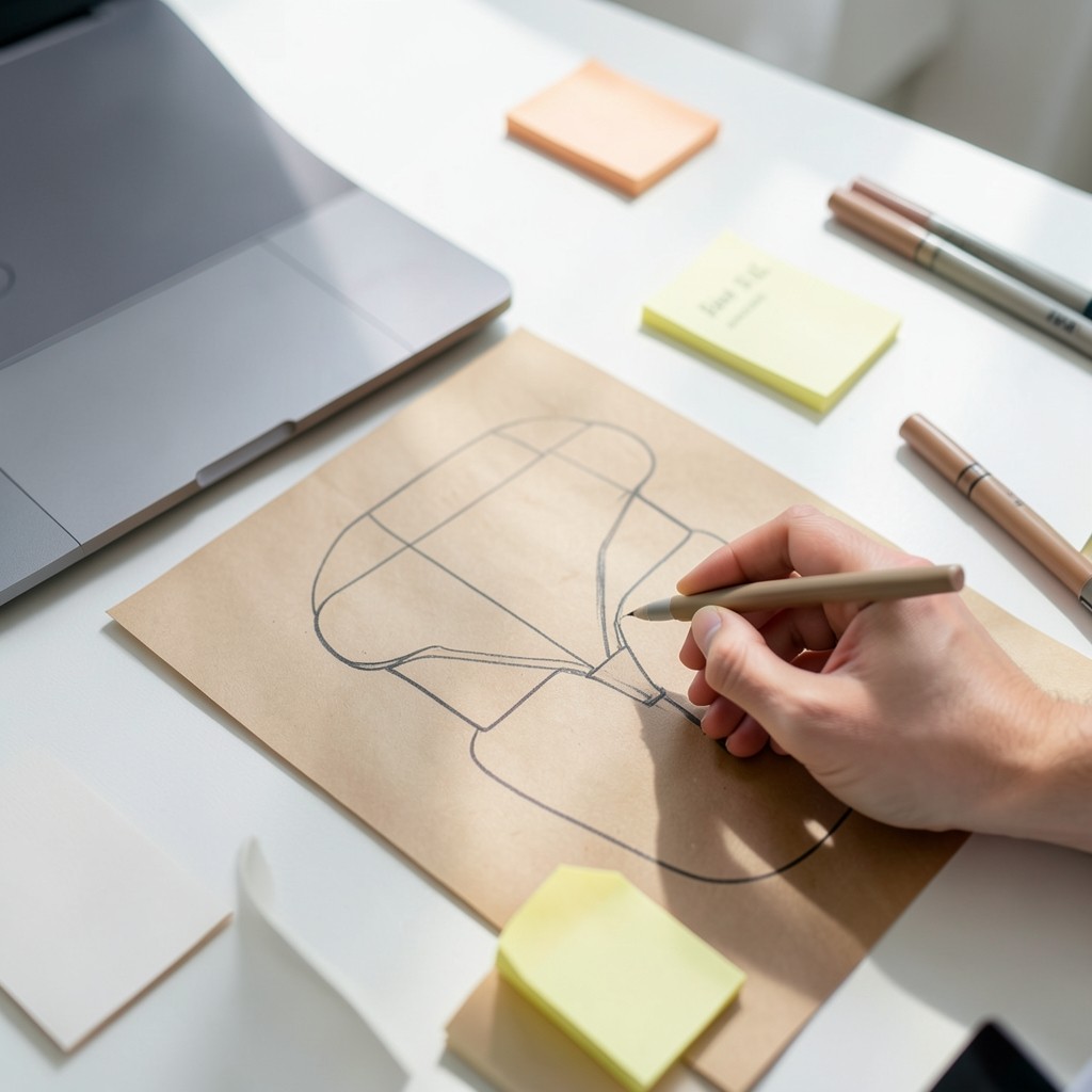 Facilitator sketching a partner funnel map on paper beside a laptop