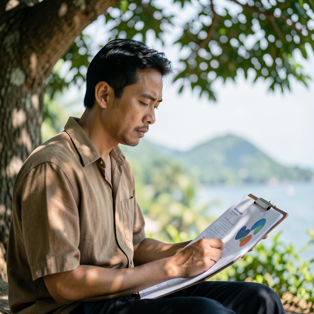 Portrait of an analytics specialist reviewing printed charts outdoors