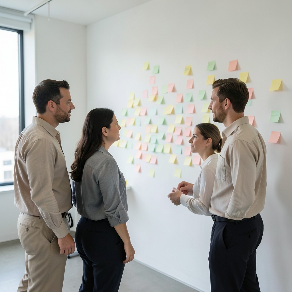 Small team workshop with sticky notes mapping distributor tiers